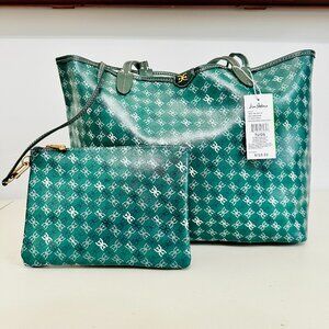 SAM EDELMAN HARPER MEDIUM MONOGRAM GREEN COATED CANVAS SHOPPER  TOTE WITH POUCH